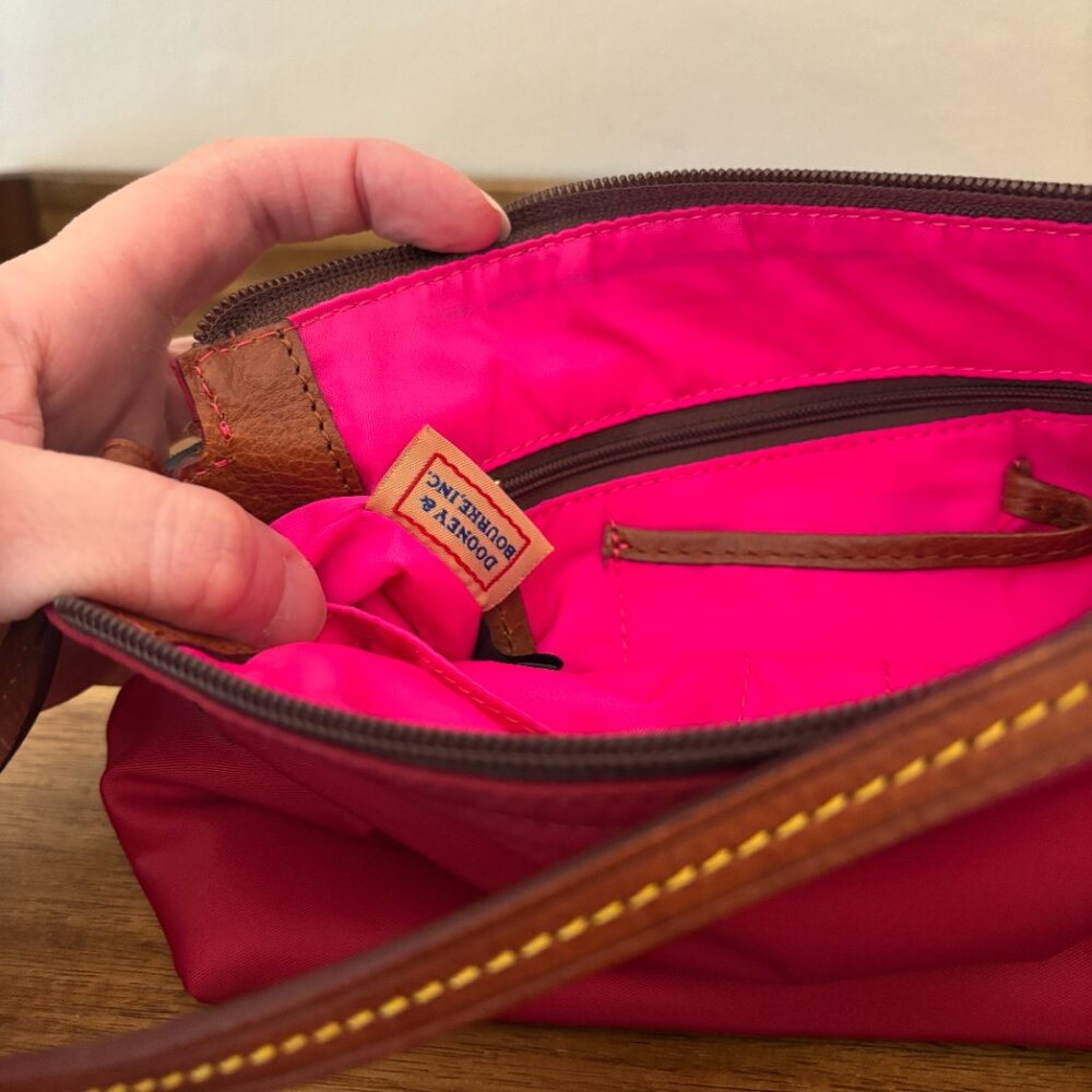 Dooney & Bourke Red Nylon Brown Leather Pouchette Mini Bag - Picture 11 of 12